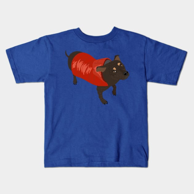 Brown Dog in a Red Puffer Jacket Kids T-Shirt by Alissa Carin